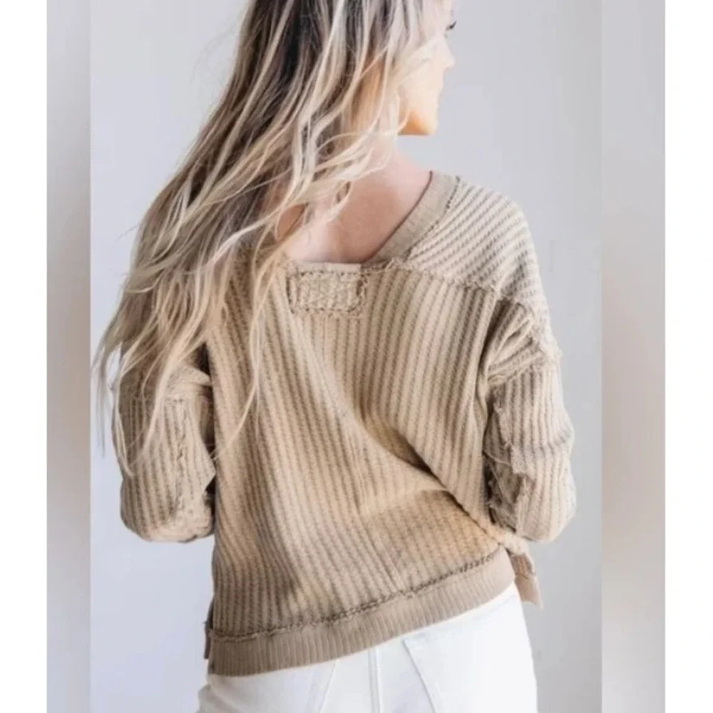 We The Free Magic‎ Thermal Waffle Golden Olive Oversized Pullover Top Boho XS